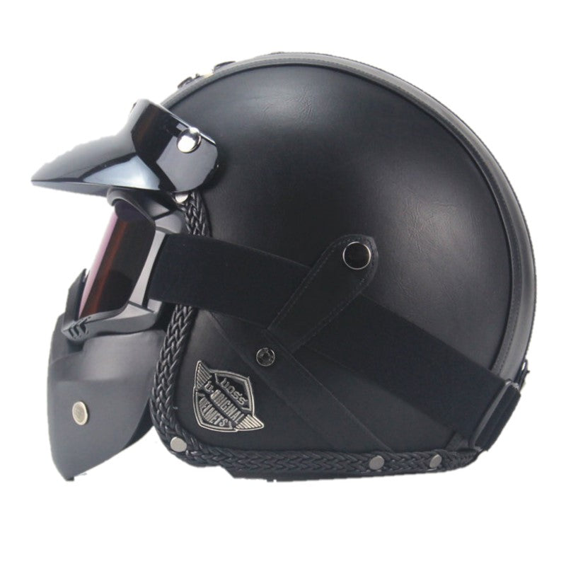 Casque de Moto Vintage en Cuir PU avec Visage Masque Lunettes