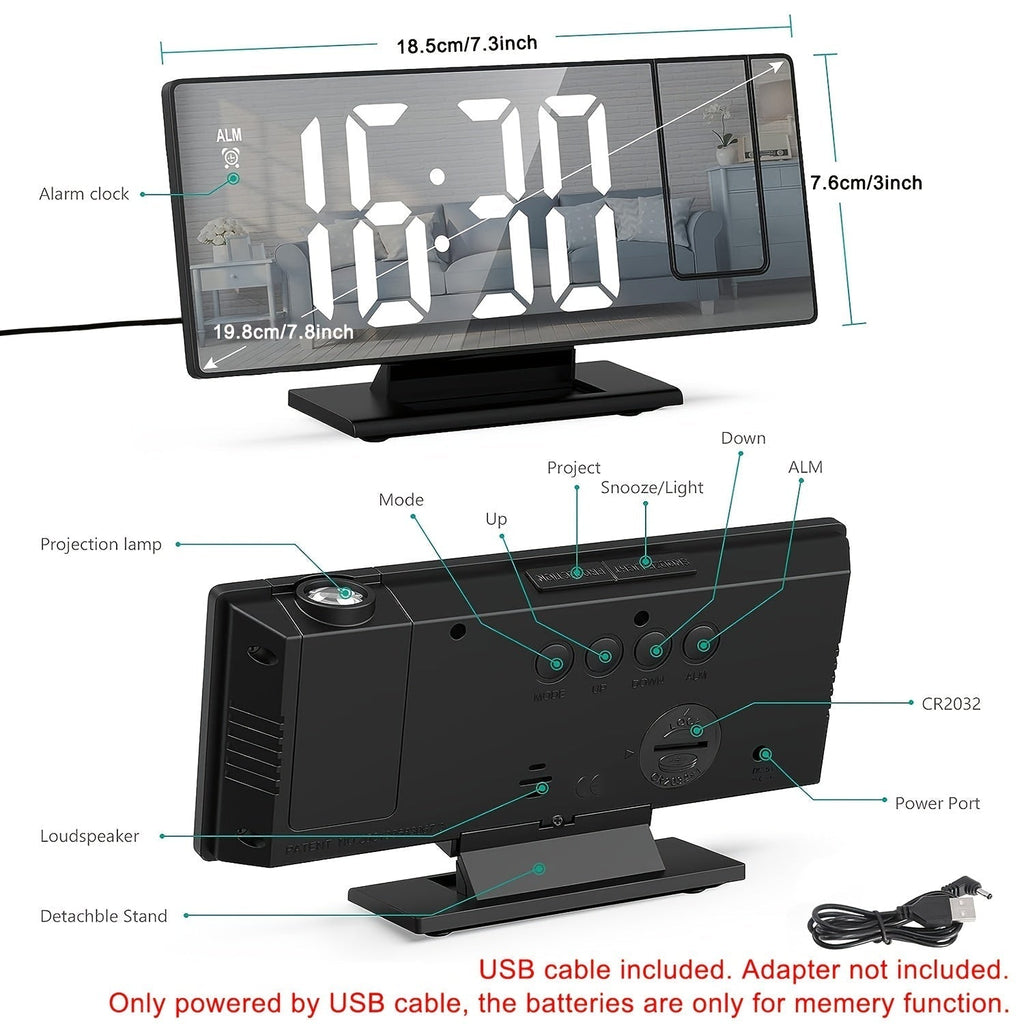 Réveil à Projection LED avec Projection Réglable à 180° – Affichage Clair et Fonction Snooze pour Chambre ou Bureau