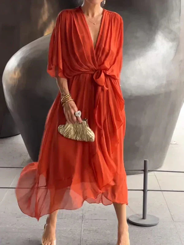 Monica - Robe en mousseline de soie à col en V